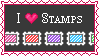 An animated stamp that says I love stamps, while showing an animated series of mini stamps.